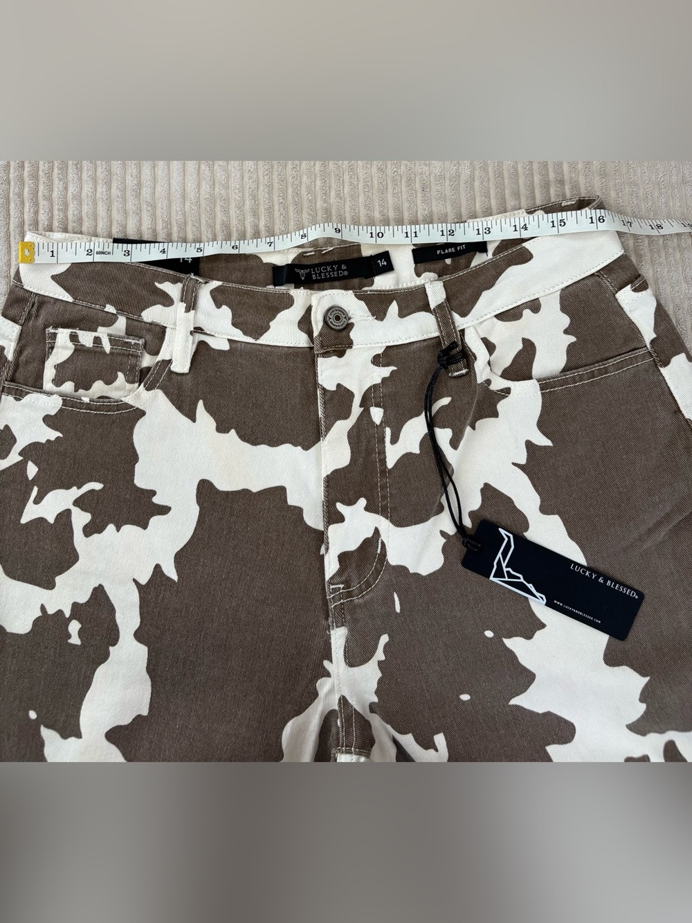 Lucky & Blessed Brown and Cream Cow Print Flare Jeans Size 14 - Picture 3 of 9